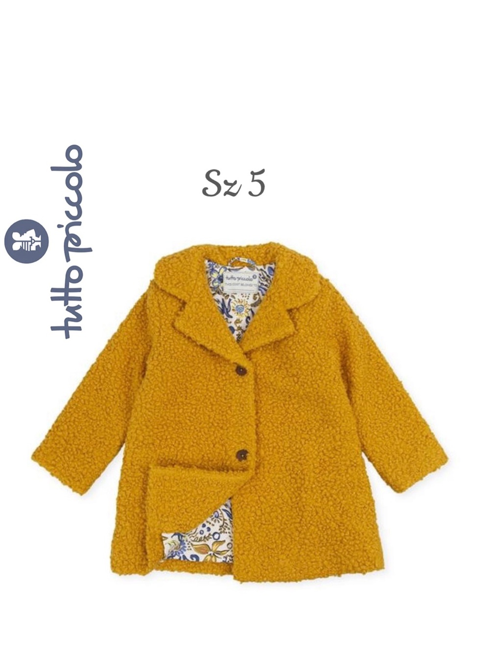 Tutto Piccolo Mustard Yellow Teddy Bouclé Coat Floral Lining Size 5
